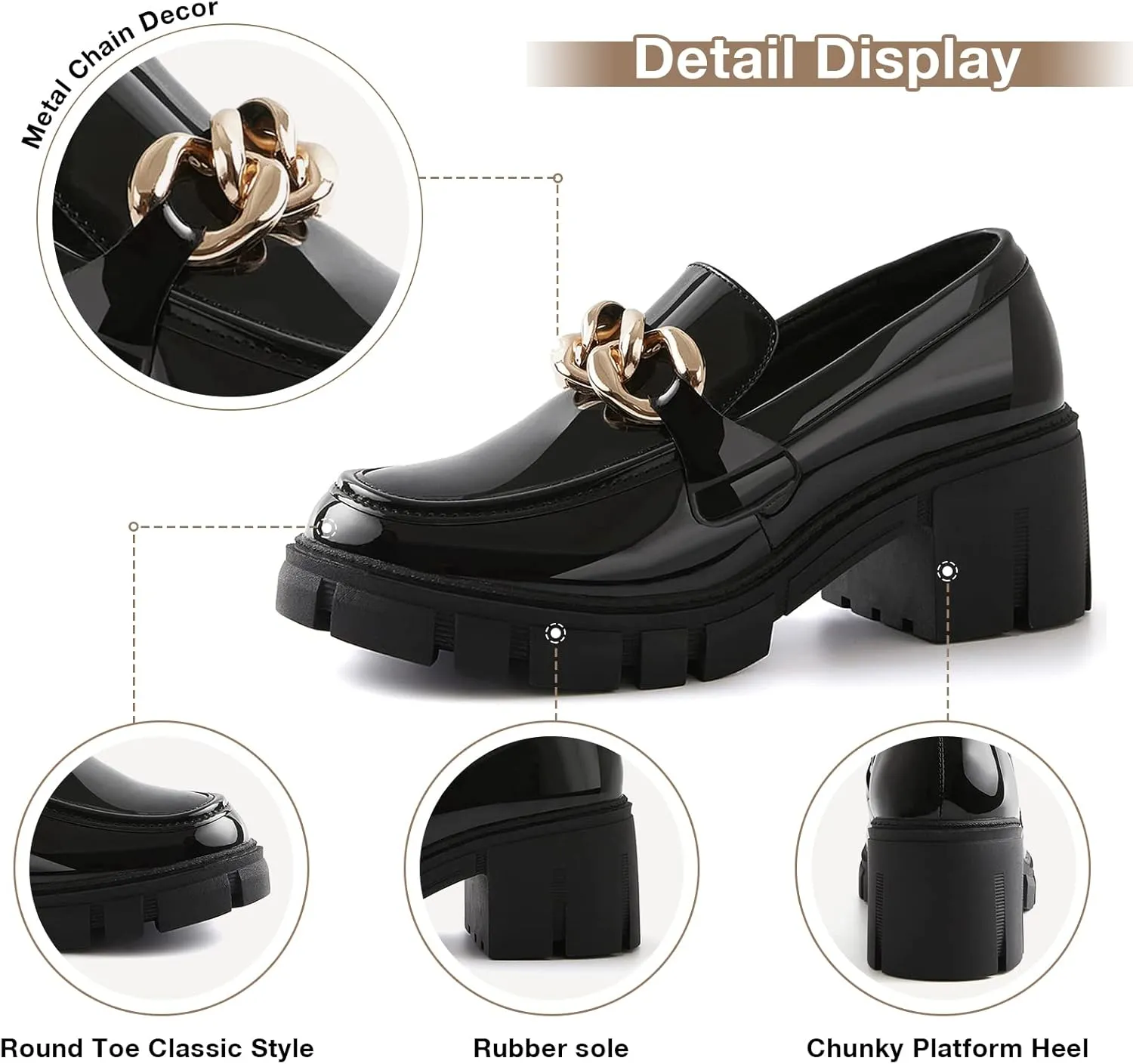 TINSTREE Platform Loafers for Women with Chain Comfort Chunky Heel Slip On Round Toe Business Work Shoes