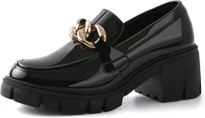 TINSTREE Platform Loafers for Women with Chain Comfort Chunky Heel Slip On Round Toe Business Work Shoes