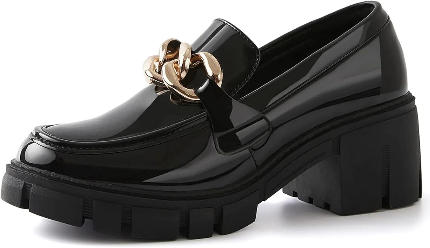TINSTREE Platform Loafers for Women with Chain Comfort Chunky Heel Slip On Round Toe Business Work Shoes