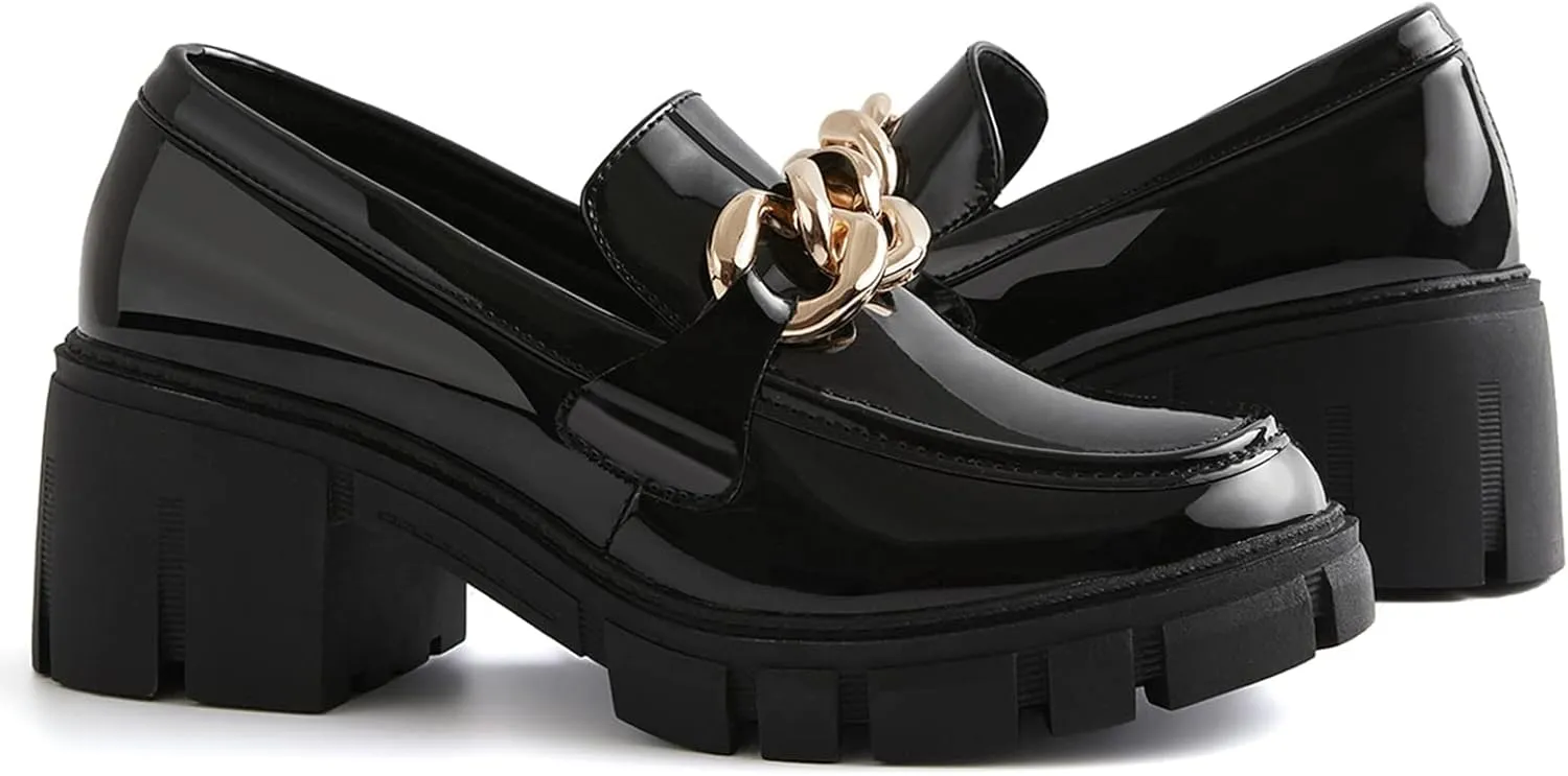 TINSTREE Platform Loafers for Women with Chain Comfort Chunky Heel Slip On Round Toe Business Work Shoes