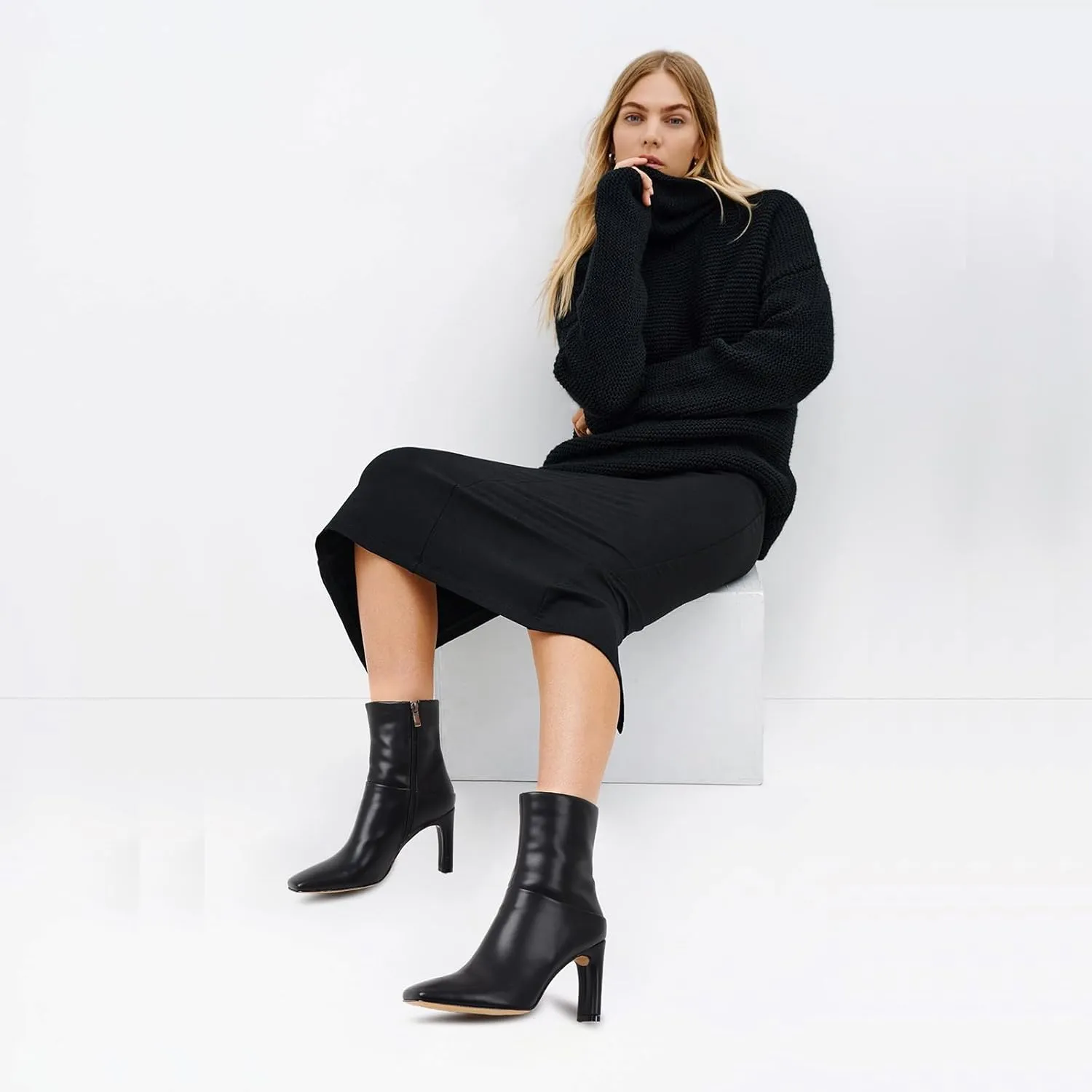 Uacllcau Ankle Boots for Women Square Toe High Heel Block Mid Calf Side Zipper Short Booties Gogo Fashion Fall Winter Boots
