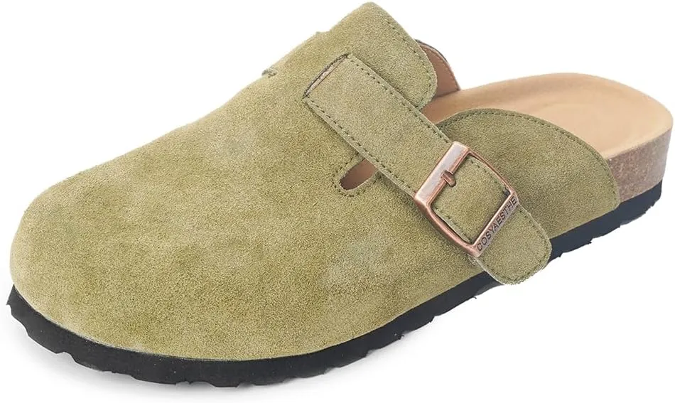 Unixsex Cork Suede Clogs and Mules,Leather Clog Women,Suede Clog Men,Soft Leather Sandal,House Slipper,Skin-Friendly Footbed,Adjustable Buckle,Arch Support