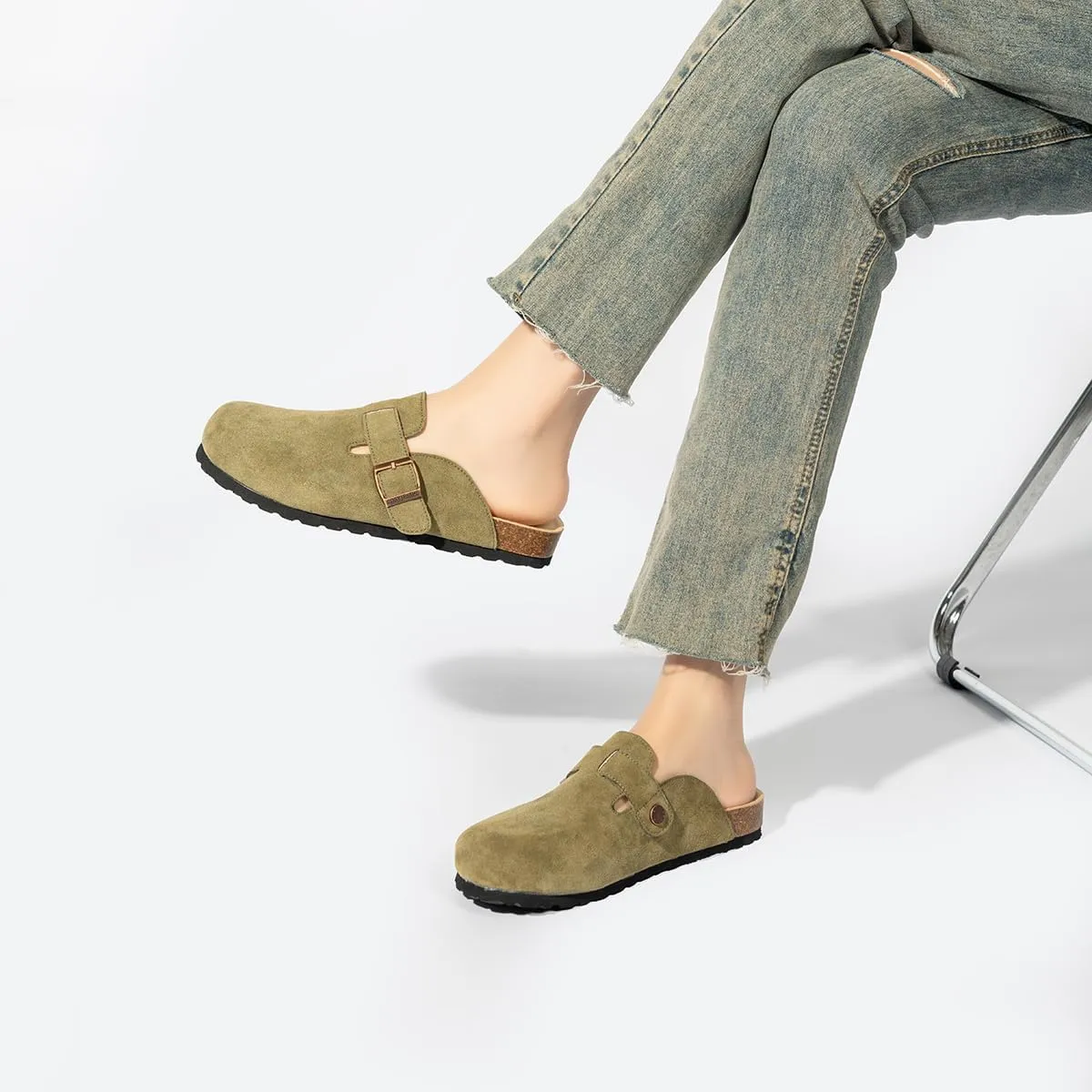 Unixsex Cork Suede Clogs and Mules,Leather Clog Women,Suede Clog Men,Soft Leather Sandal,House Slipper,Skin-Friendly Footbed,Adjustable Buckle,Arch Support
