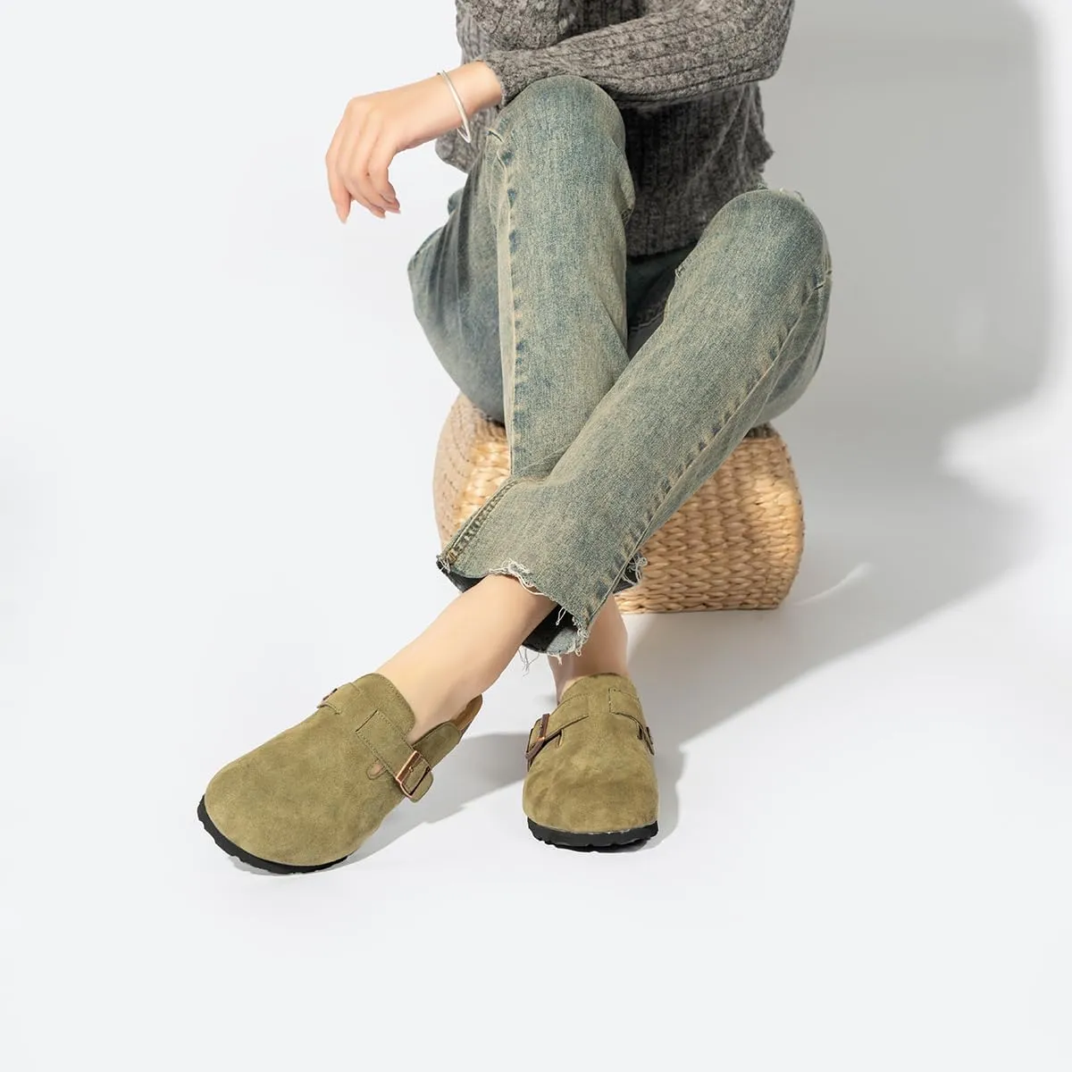 Unixsex Cork Suede Clogs and Mules,Leather Clog Women,Suede Clog Men,Soft Leather Sandal,House Slipper,Skin-Friendly Footbed,Adjustable Buckle,Arch Support