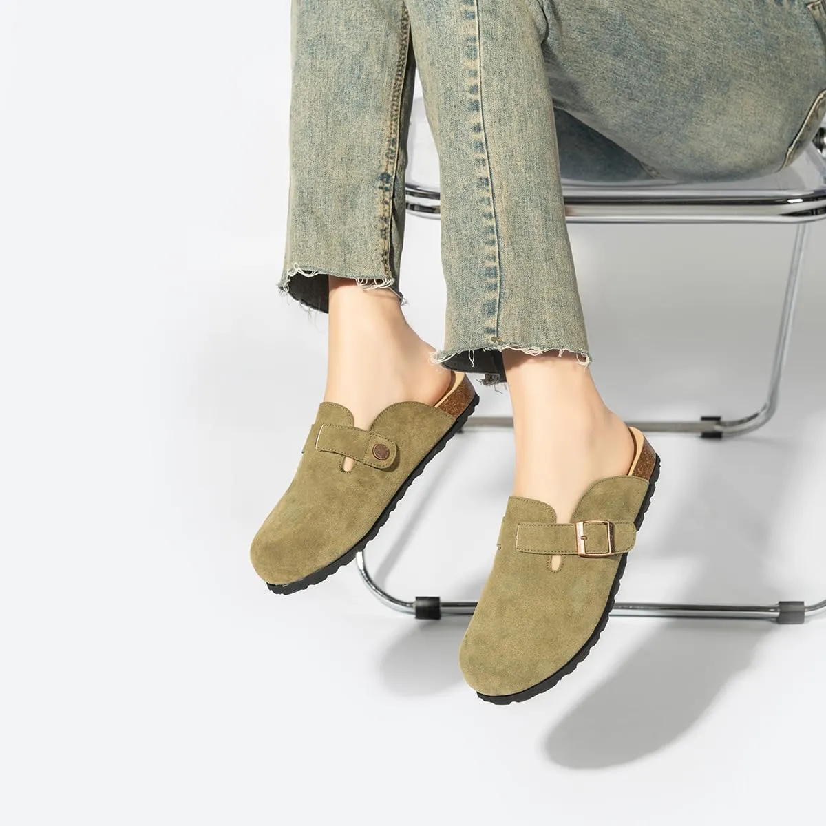 Unixsex Cork Suede Clogs and Mules,Leather Clog Women,Suede Clog Men,Soft Leather Sandal,House Slipper,Skin-Friendly Footbed,Adjustable Buckle,Arch Support