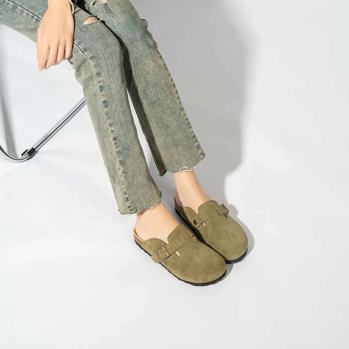Unixsex Cork Suede Clogs and Mules,Leather Clog Women,Suede Clog Men,Soft Leather Sandal,House Slipper,Skin-Friendly Footbed,Adjustable Buckle,Arch Support