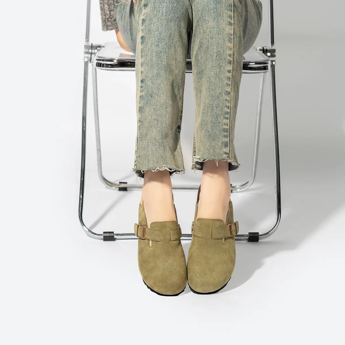 Unixsex Cork Suede Clogs and Mules,Leather Clog Women,Suede Clog Men,Soft Leather Sandal,House Slipper,Skin-Friendly Footbed,Adjustable Buckle,Arch Support