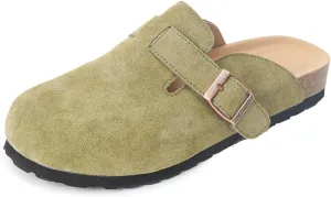Unixsex Cork Suede Clogs and Mules,Leather Clog Women,Suede Clog Men,Soft Leather Sandal,House Slipper,Skin-Friendly Footbed,Adjustable Buckle,Arch Support