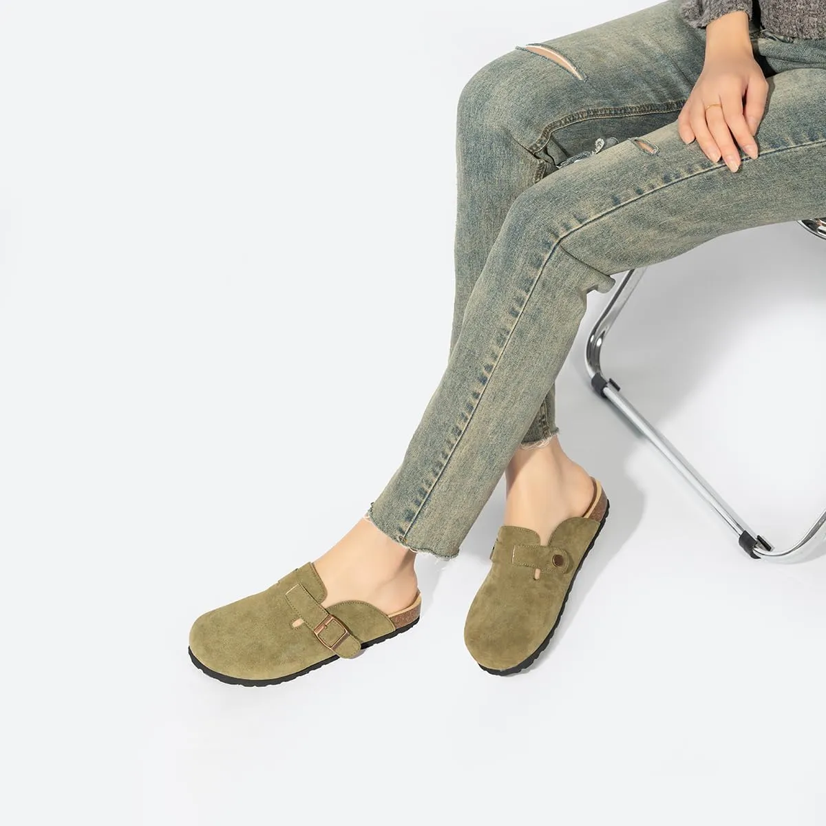 Unixsex Cork Suede Clogs and Mules,Leather Clog Women,Suede Clog Men,Soft Leather Sandal,House Slipper,Skin-Friendly Footbed,Adjustable Buckle,Arch Support