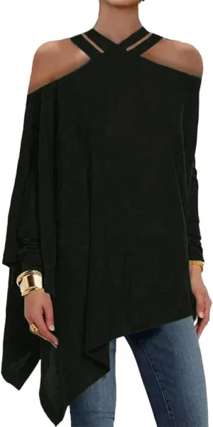 UOOZEE Women's Long Sleeve Cold Shoulder Asymmetrical Tunic Tops Oversized Flowy T Shirts