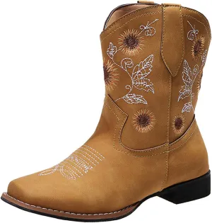 UOQAPRE Western Cowgirl Cowboy Ankle Boots for Women or Ladies,Chunky Heel Mid Calf Ankle Boots Pointed Toe Short Booties