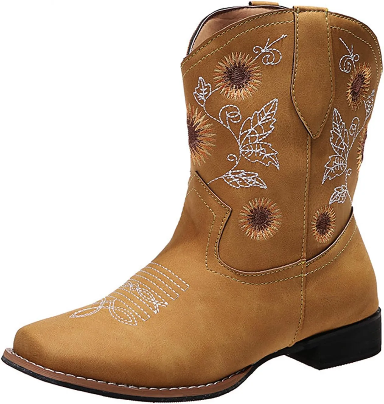 UOQAPRE Western Cowgirl Cowboy Ankle Boots for Women or Ladies,Chunky Heel Mid Calf Ankle Boots Pointed Toe Short Booties