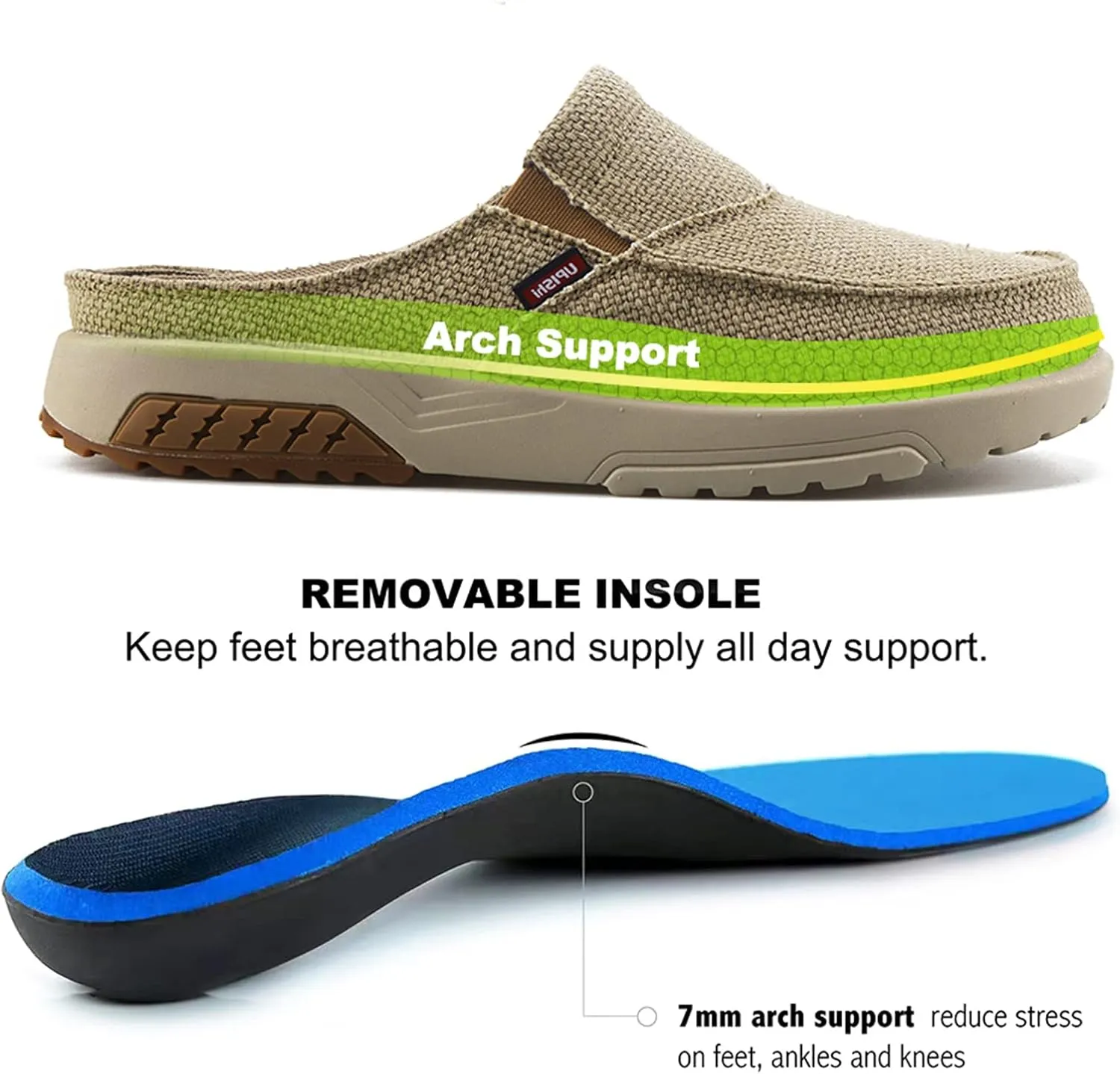 UPIShi Men's Arch Support Orthopedic Plantar Fasciitis Relief Slippers Canvas House Indoor Outdoor Slip On Loafers Non-Slip Casual Shoes