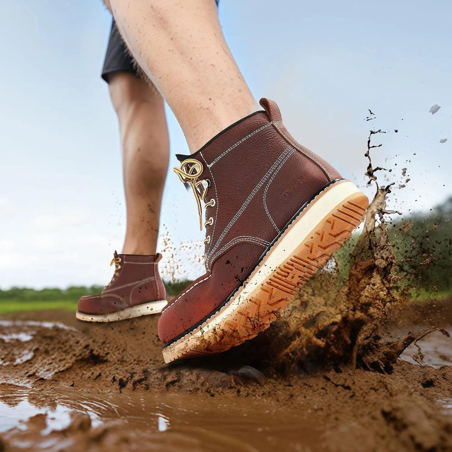 VEVOR Men's Steel Toe Work, Waterproof, Slip-Resistant, Lightweight and Breathable Rubber Sole Boots for Industry Construction, Brown Yellow