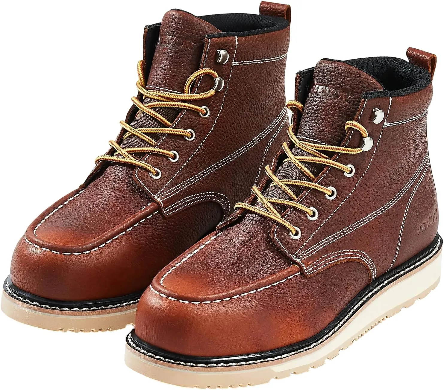 VEVOR Men's Steel Toe Work, Waterproof, Slip-Resistant, Lightweight and Breathable Rubber Sole Boots for Industry Construction, Brown Yellow