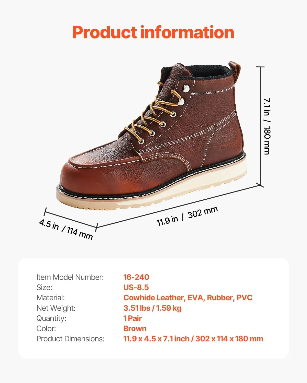 VEVOR Men's Steel Toe Work, Waterproof, Slip-Resistant, Lightweight and Breathable Rubber Sole Boots for Industry Construction, Brown Yellow