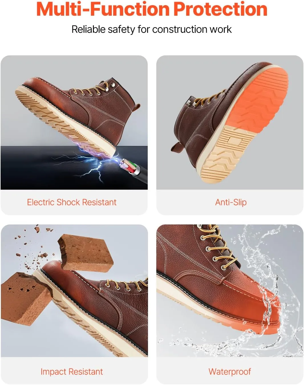 VEVOR Men's Steel Toe Work, Waterproof, Slip-Resistant, Lightweight and Breathable Rubber Sole Boots for Industry Construction, Brown Yellow