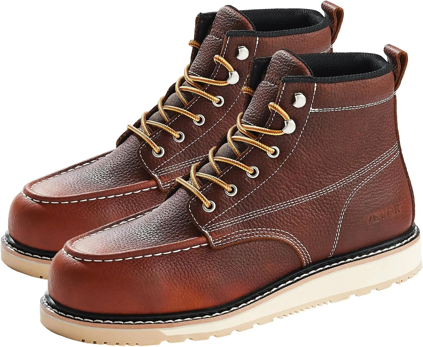VEVOR Men's Steel Toe Work, Waterproof, Slip-Resistant, Lightweight and Breathable Rubber Sole Boots for Industry Construction, Brown Yellow