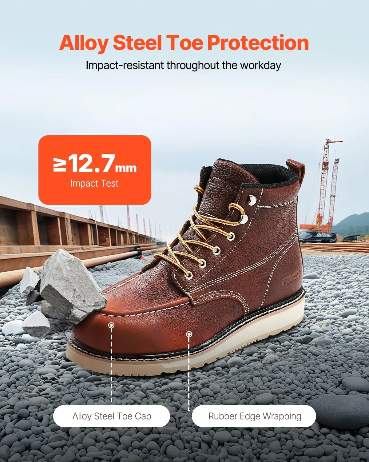 VEVOR Men's Steel Toe Work, Waterproof, Slip-Resistant, Lightweight and Breathable Rubber Sole Boots for Industry Construction, Brown Yellow