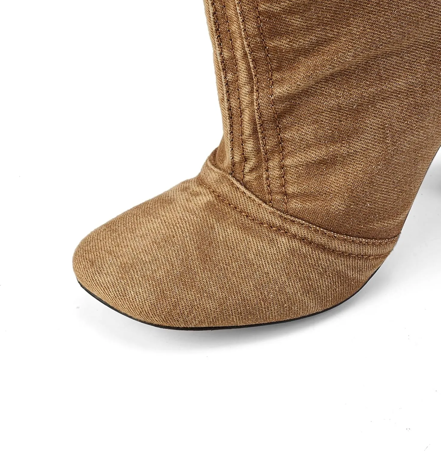 Vintage Denim Stiletto High Heeled Cowboy Pockets Boots for Women, Mid Wide Calf Round Toe with Metal Button for Fashion Dress Booties