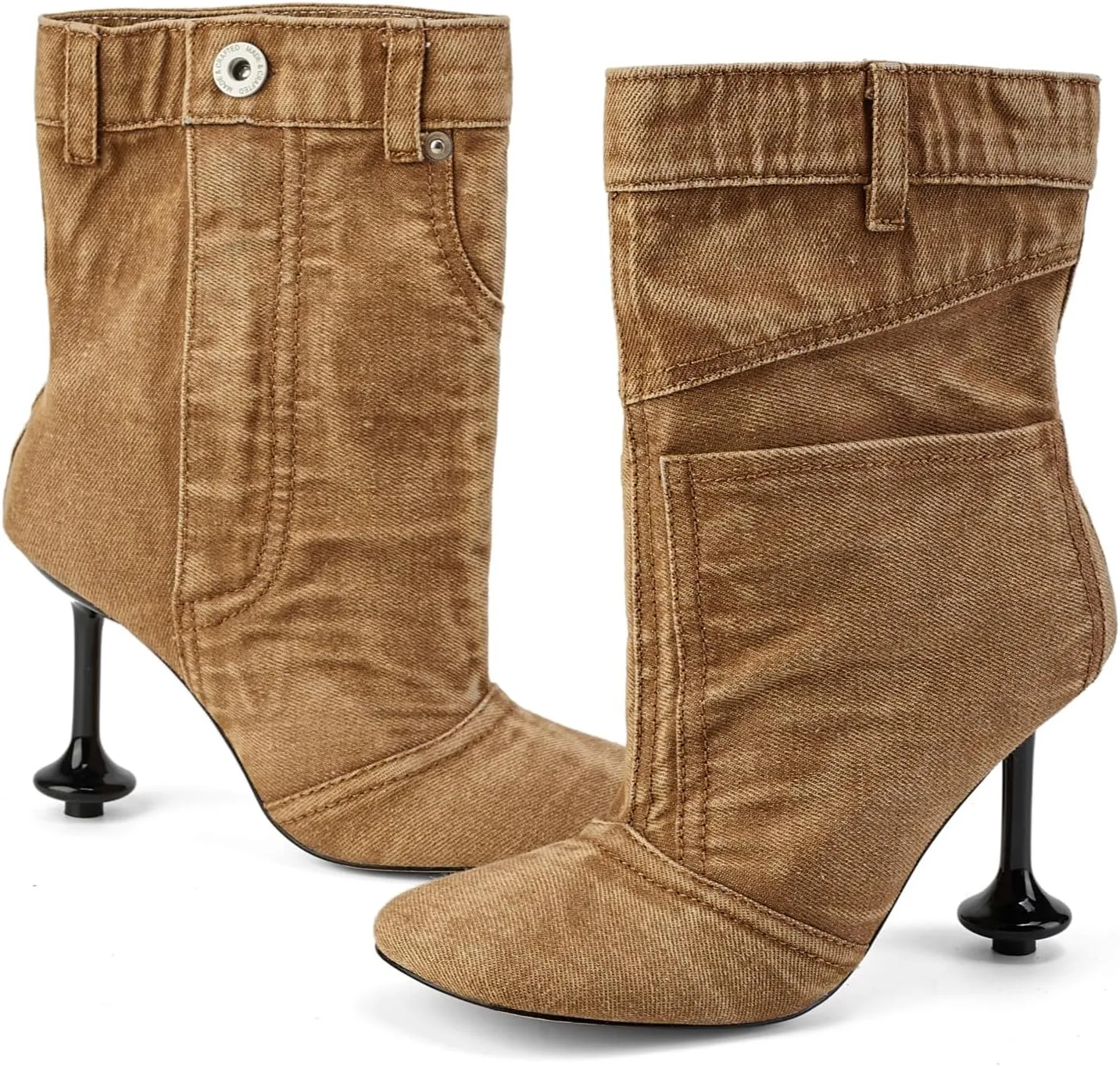 Vintage Denim Stiletto High Heeled Cowboy Pockets Boots for Women, Mid Wide Calf Round Toe with Metal Button for Fashion Dress Booties