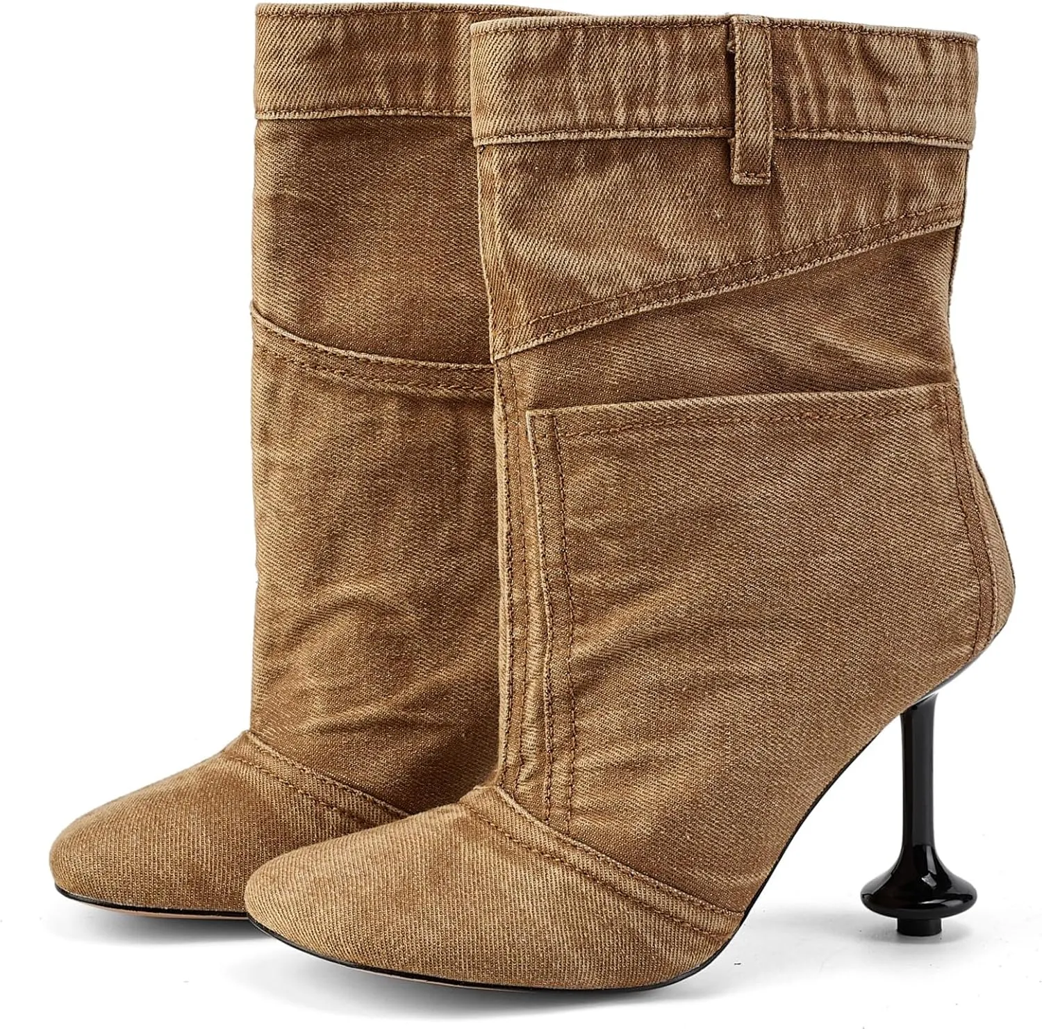 Vintage Denim Stiletto High Heeled Cowboy Pockets Boots for Women, Mid Wide Calf Round Toe with Metal Button for Fashion Dress Booties
