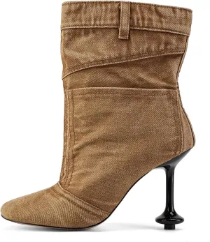 Vintage Denim Stiletto High Heeled Cowboy Pockets Boots for Women, Mid Wide Calf Round Toe with Metal Button for Fashion Dress Booties