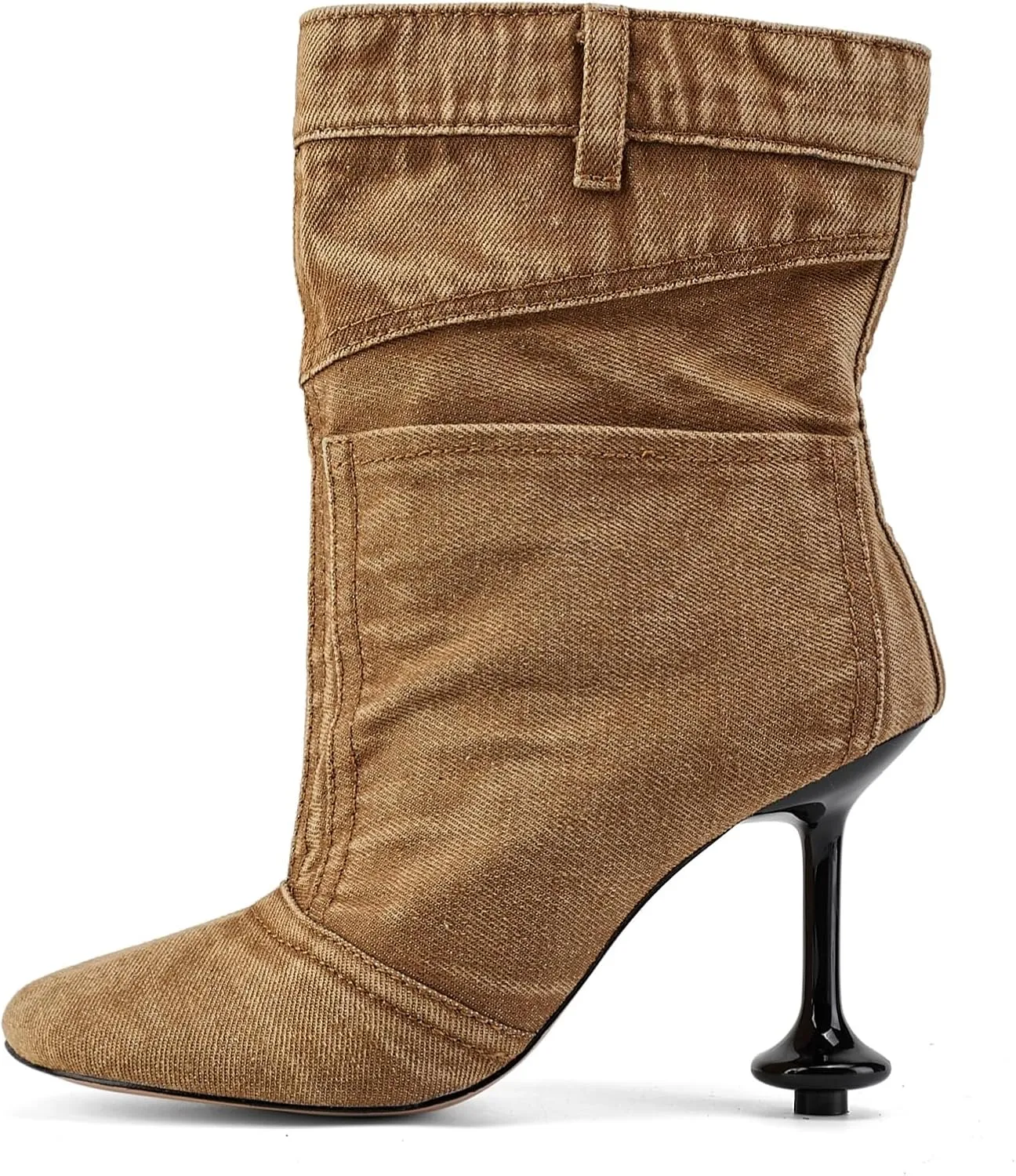 Vintage Denim Stiletto High Heeled Cowboy Pockets Boots for Women, Mid Wide Calf Round Toe with Metal Button for Fashion Dress Booties