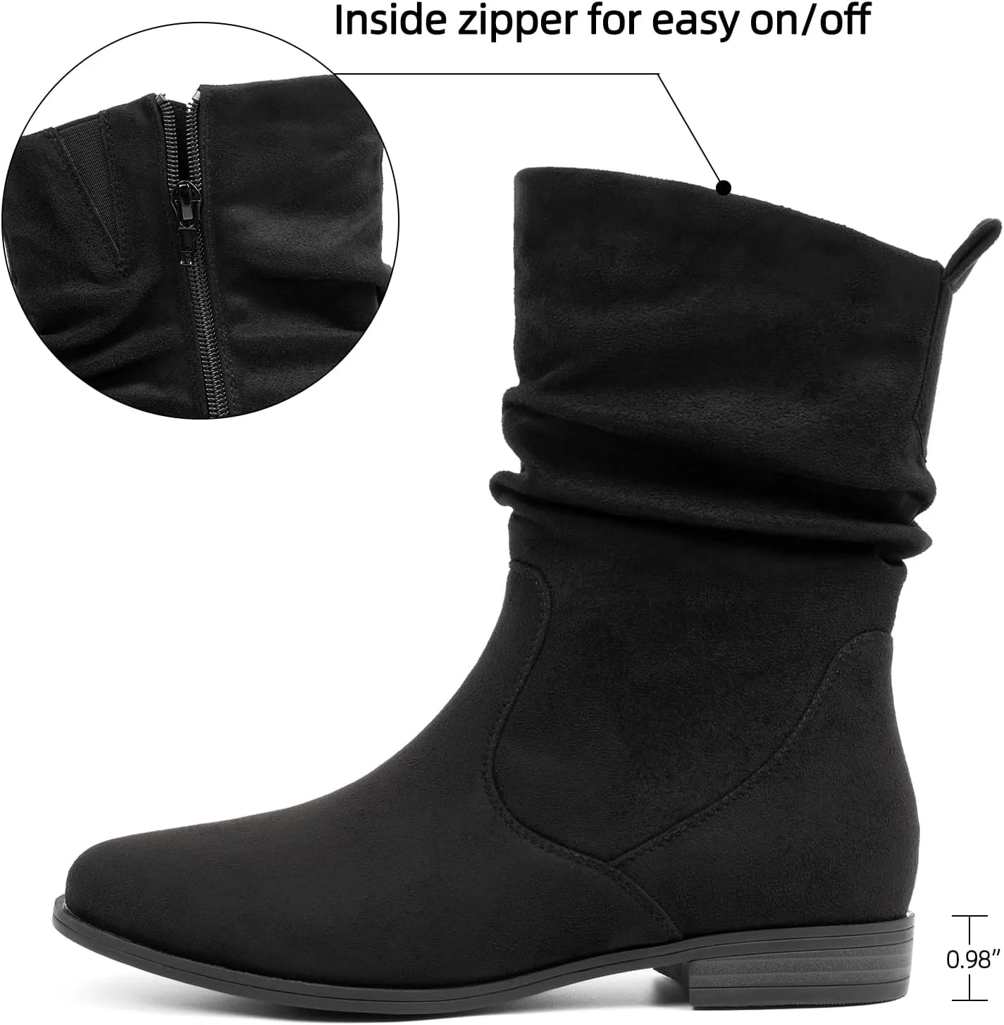 VJH confort Women's Mid Calf Boots, Almond Round Toe Low Heel Comfort Dress Slouchy Booties