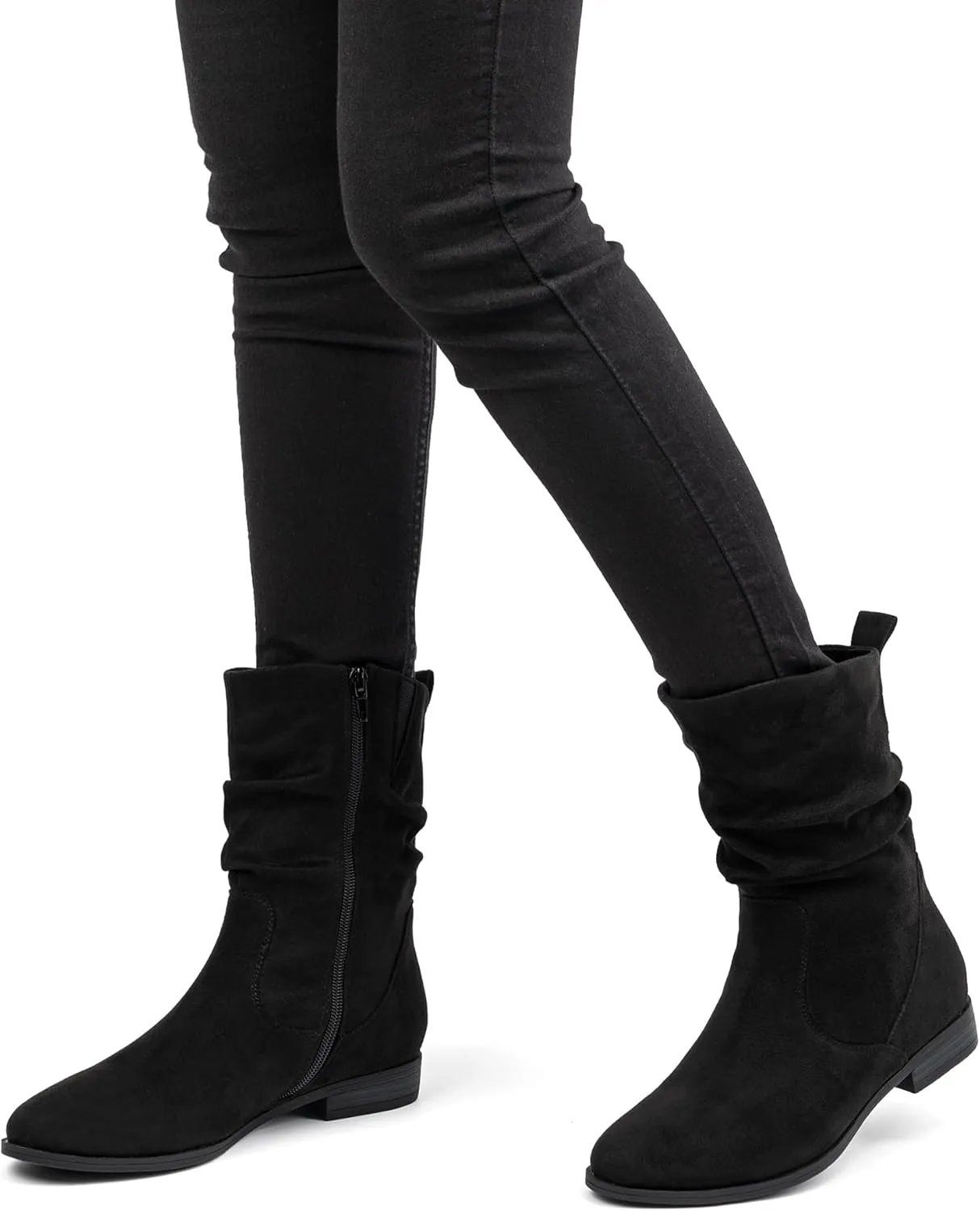 VJH confort Women's Mid Calf Boots, Almond Round Toe Low Heel Comfort Dress Slouchy Booties