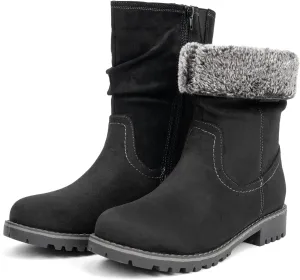 VJH confort Women's Mid Calf Boots Slouchy Riding Combat Low Heel Fur Lined Winter Zipper Booties