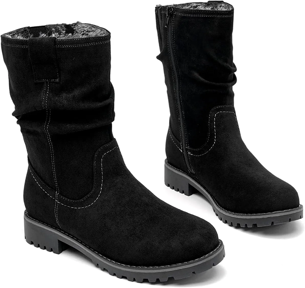 VJH confort Women's Mid Calf Boots Slouchy Riding Combat Low Heel Fur Lined Winter Zipper Booties