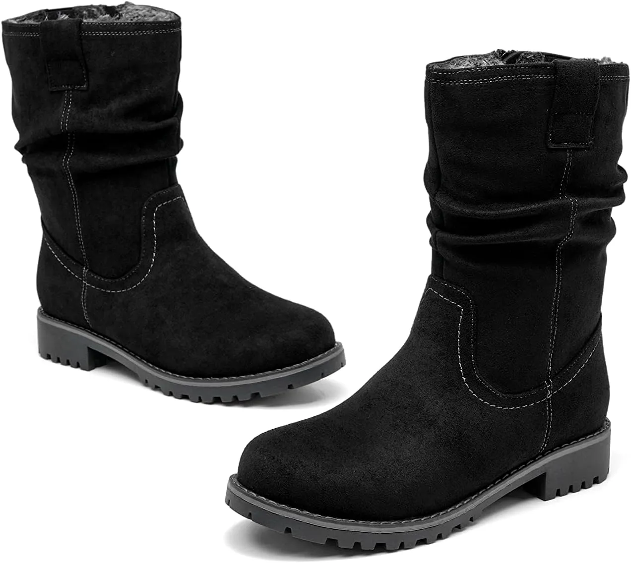 VJH confort Women's Mid Calf Boots Slouchy Riding Combat Low Heel Fur Lined Winter Zipper Booties