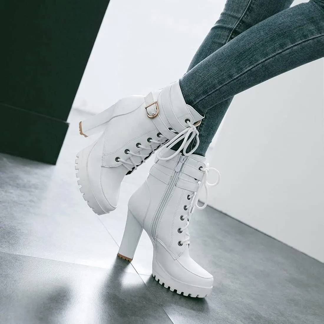 VOKLIN Women's Lace Up Platform High Heels Dress Ankle Boots Round Toe Buckle Zipper Dressy Short Booties