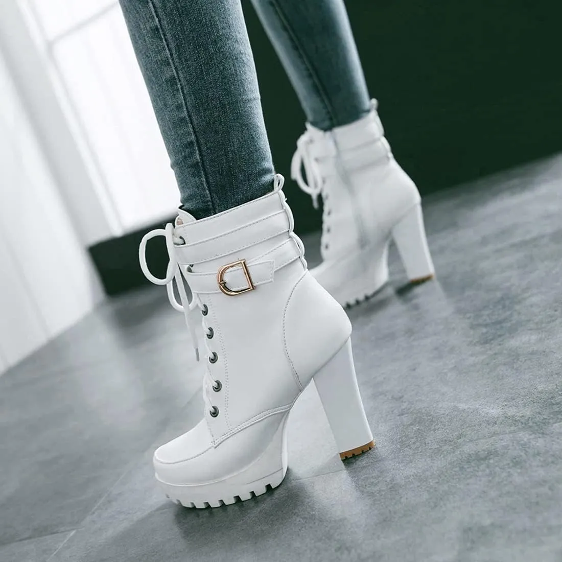 VOKLIN Women's Lace Up Platform High Heels Dress Ankle Boots Round Toe Buckle Zipper Dressy Short Booties