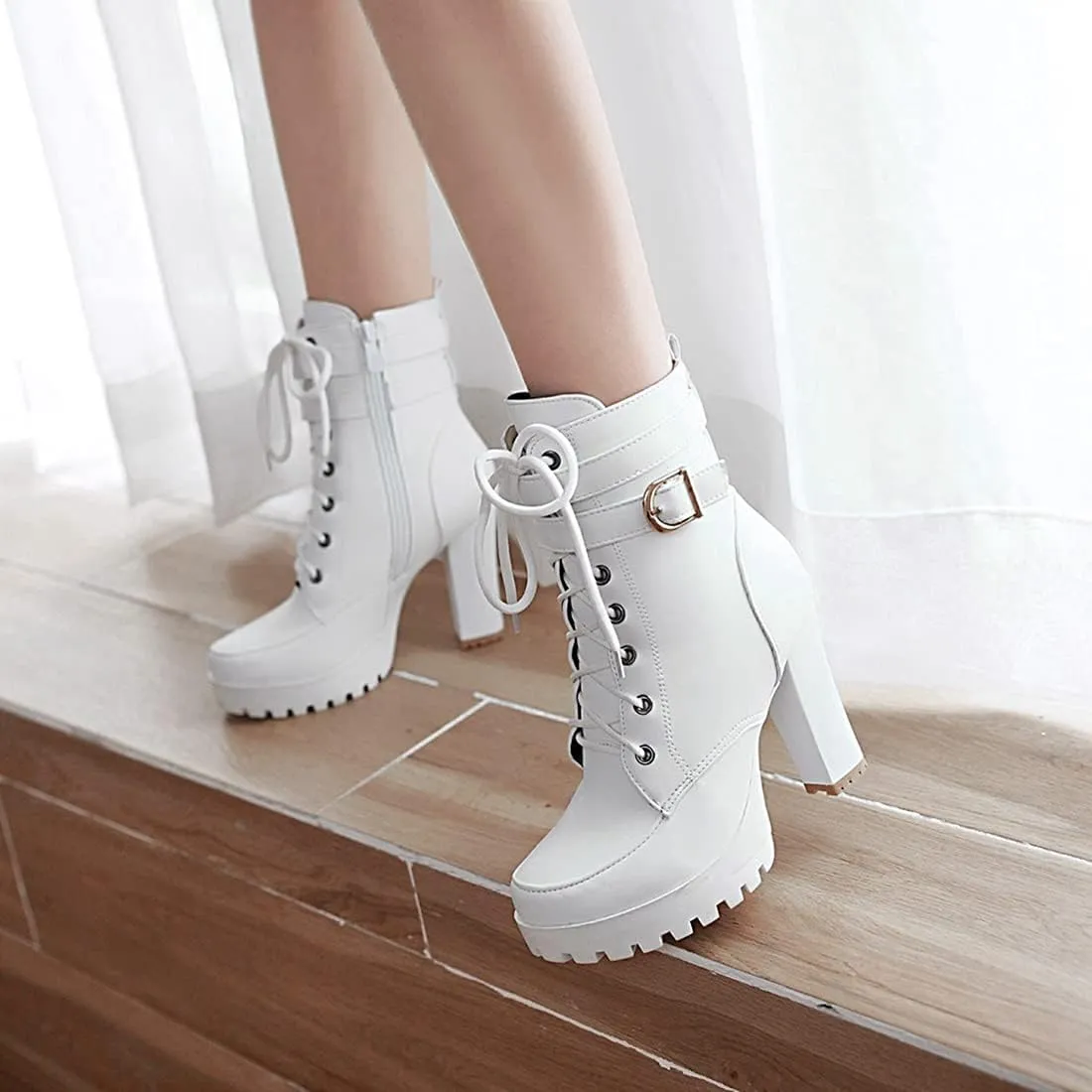 VOKLIN Women's Lace Up Platform High Heels Dress Ankle Boots Round Toe Buckle Zipper Dressy Short Booties