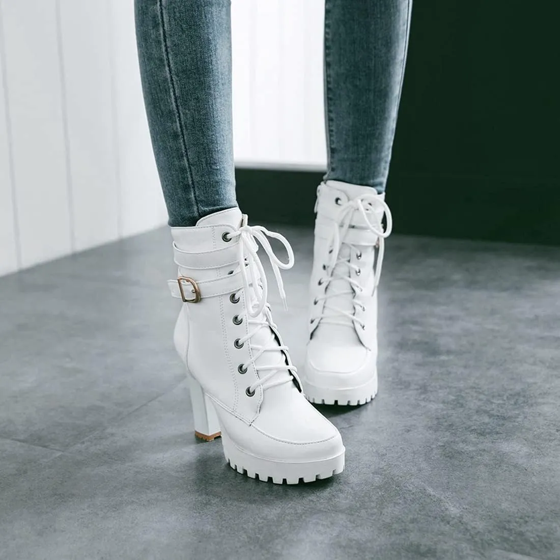 VOKLIN Women's Lace Up Platform High Heels Dress Ankle Boots Round Toe Buckle Zipper Dressy Short Booties