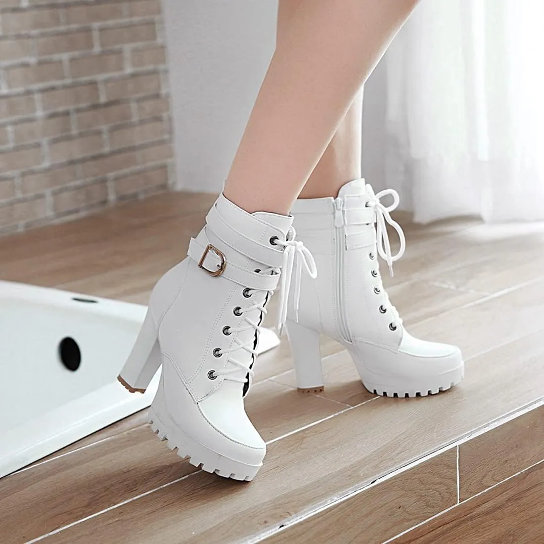 VOKLIN Women's Lace Up Platform High Heels Dress Ankle Boots Round Toe Buckle Zipper Dressy Short Booties
