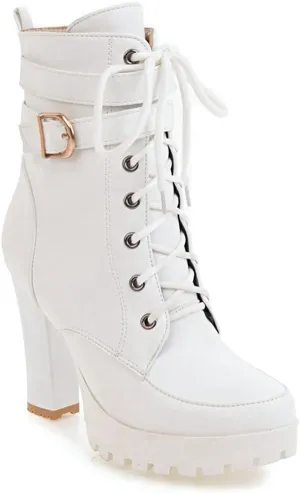 VOKLIN Women's Lace Up Platform High Heels Dress Ankle Boots Round Toe Buckle Zipper Dressy Short Booties