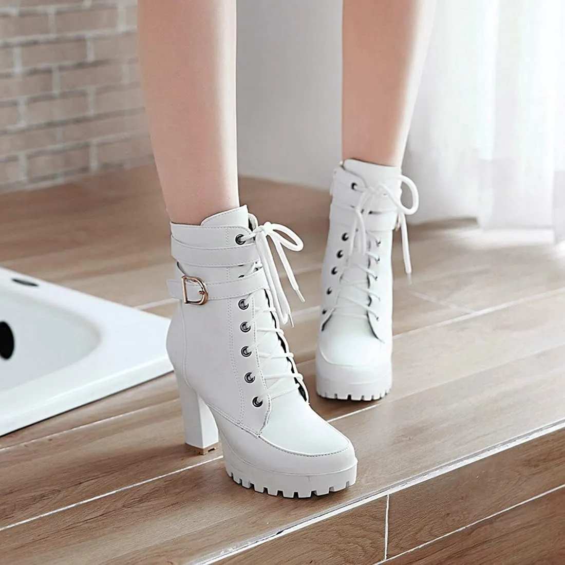 VOKLIN Women's Lace Up Platform High Heels Dress Ankle Boots Round Toe Buckle Zipper Dressy Short Booties