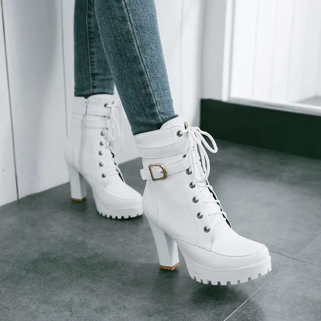 VOKLIN Women's Lace Up Platform High Heels Dress Ankle Boots Round Toe Buckle Zipper Dressy Short Booties