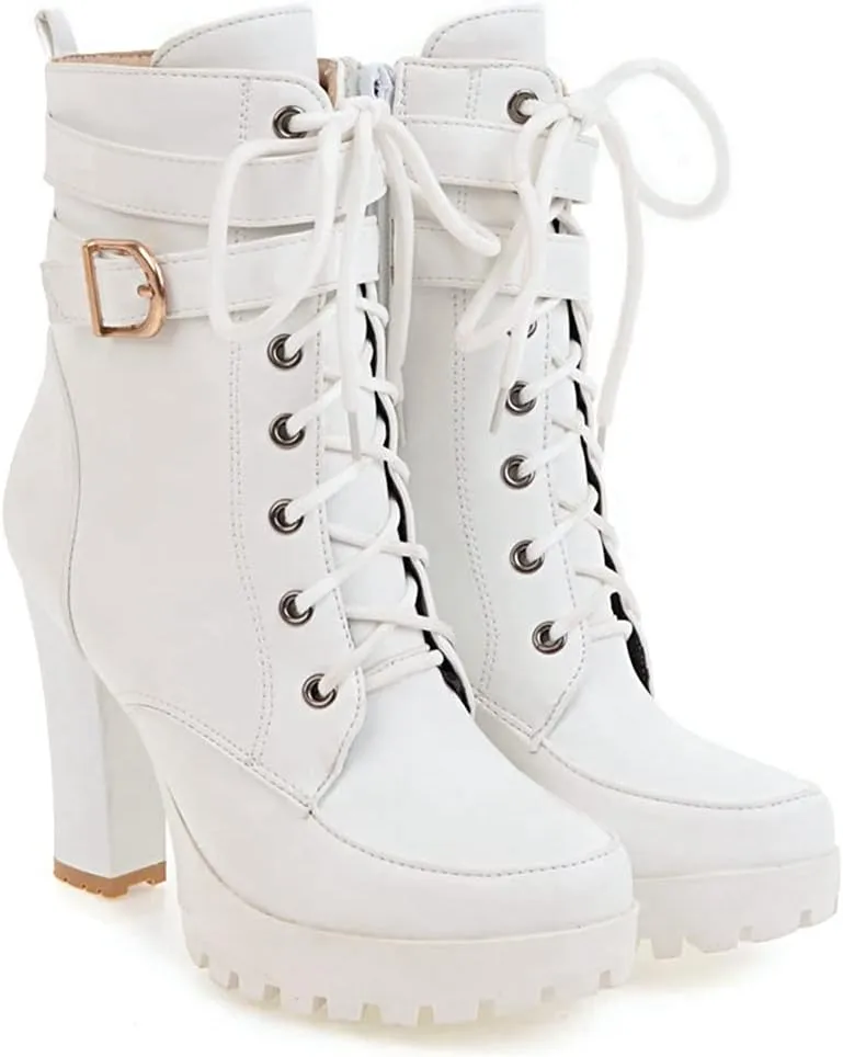 VOKLIN Women's Lace Up Platform High Heels Dress Ankle Boots Round Toe Buckle Zipper Dressy Short Booties