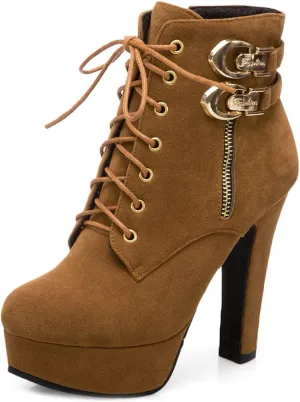VOKLIN Women's Platform High Heel Ankle Boots Fashion Metallic Round Toe Lace Up Zipper Dressy Short Booties