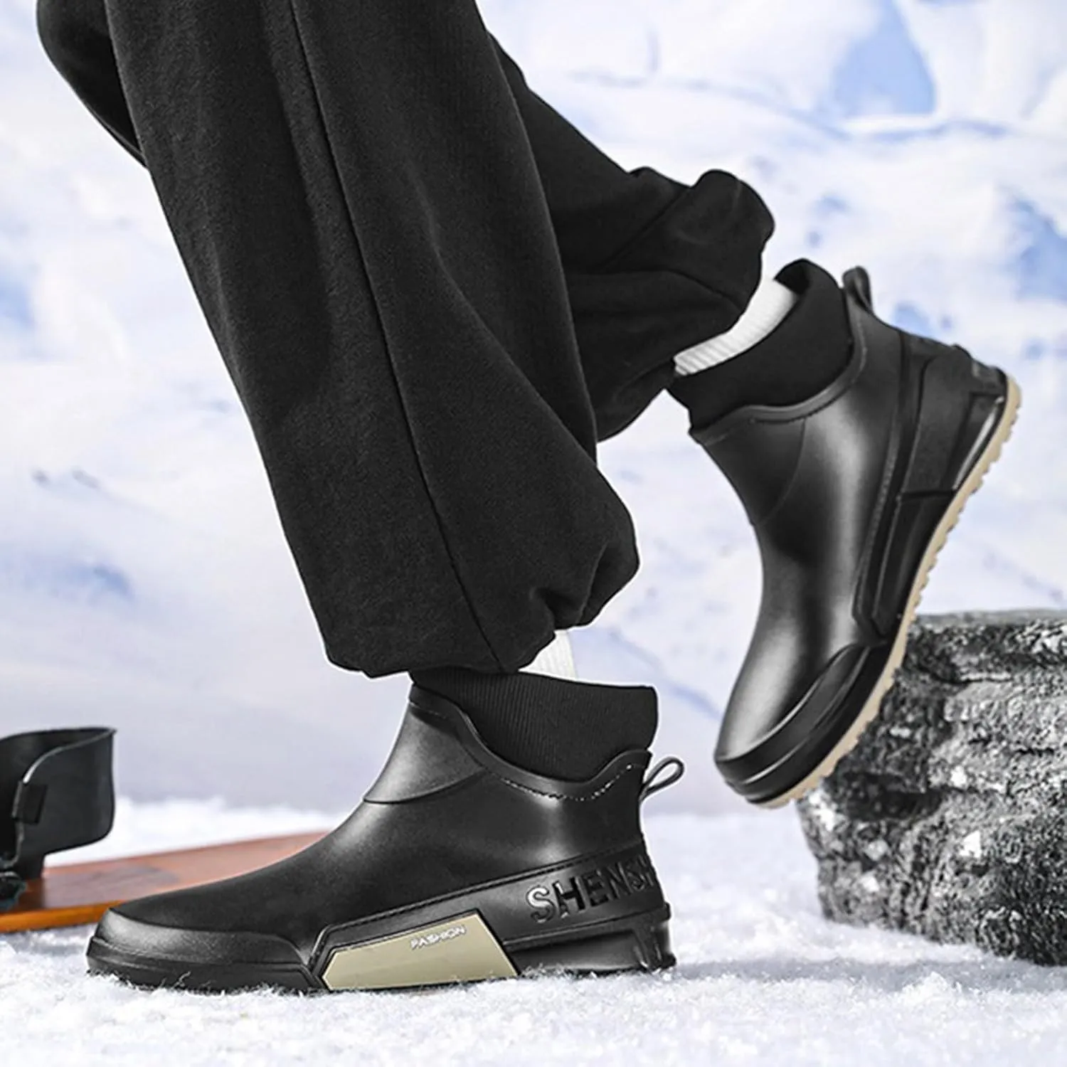 Waterproof Rain Boots Women Knit Lined Mens Grounded Footwear Boots Ankle Booties Heels Dress Barefoot Shoes Short Boots Slip-Ons Garden Fashion Ladies Rain Boot