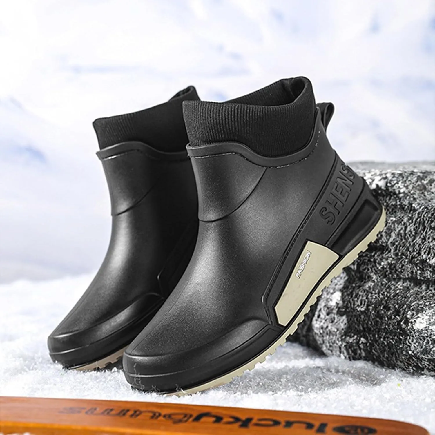 Waterproof Rain Boots Women Knit Lined Mens Grounded Footwear Boots Ankle Booties Heels Dress Barefoot Shoes Short Boots Slip-Ons Garden Fashion Ladies Rain Boot