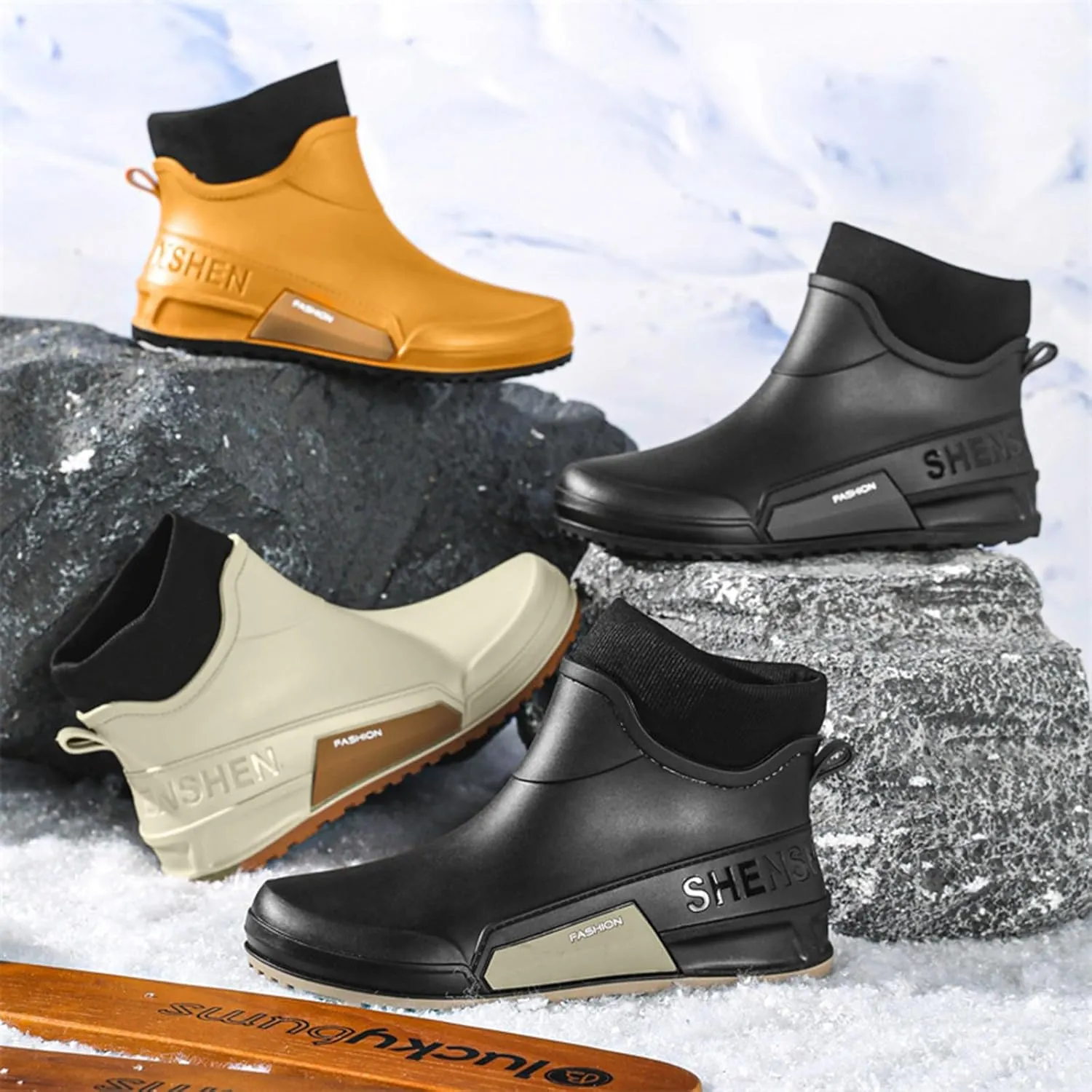 Waterproof Rain Boots Women Knit Lined Mens Grounded Footwear Boots Ankle Booties Heels Dress Barefoot Shoes Short Boots Slip-Ons Garden Fashion Ladies Rain Boot