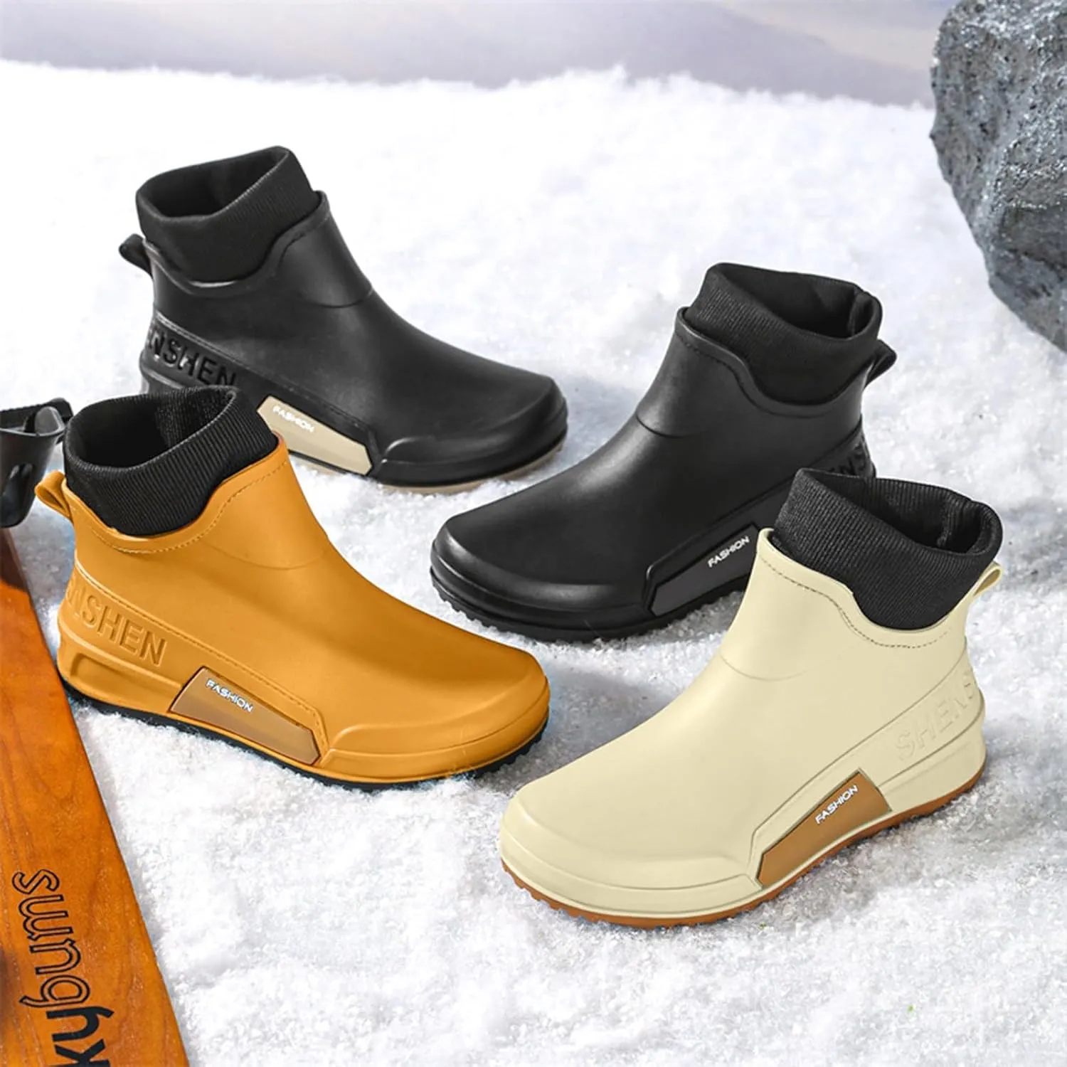 Waterproof Rain Boots Women Knit Lined Mens Grounded Footwear Boots Ankle Booties Heels Dress Barefoot Shoes Short Boots Slip-Ons Garden Fashion Ladies Rain Boot