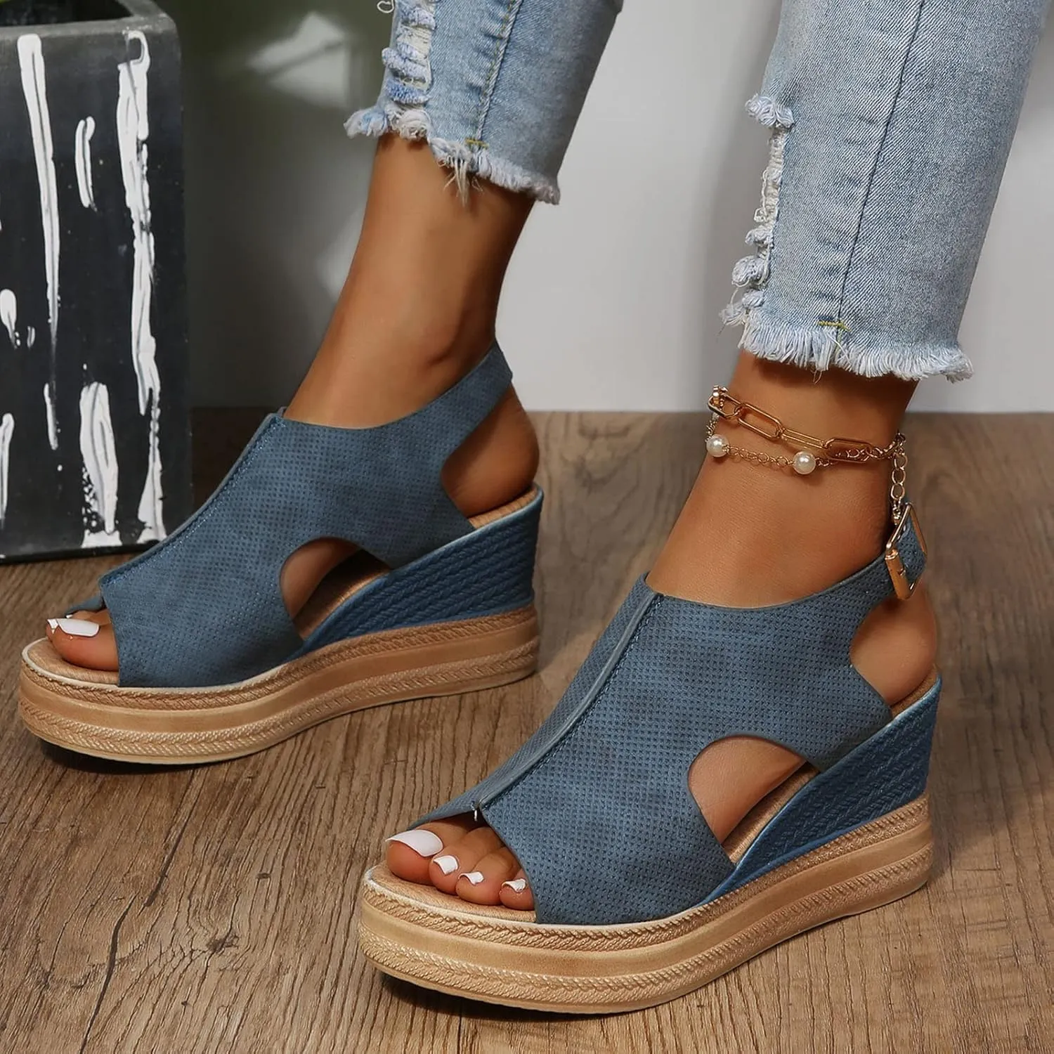 Wedge Sandals for Women Open Toe Buckle Strap Ankle Boots Vintage Hollow Out Platform Sandals Summer Casual Shoes