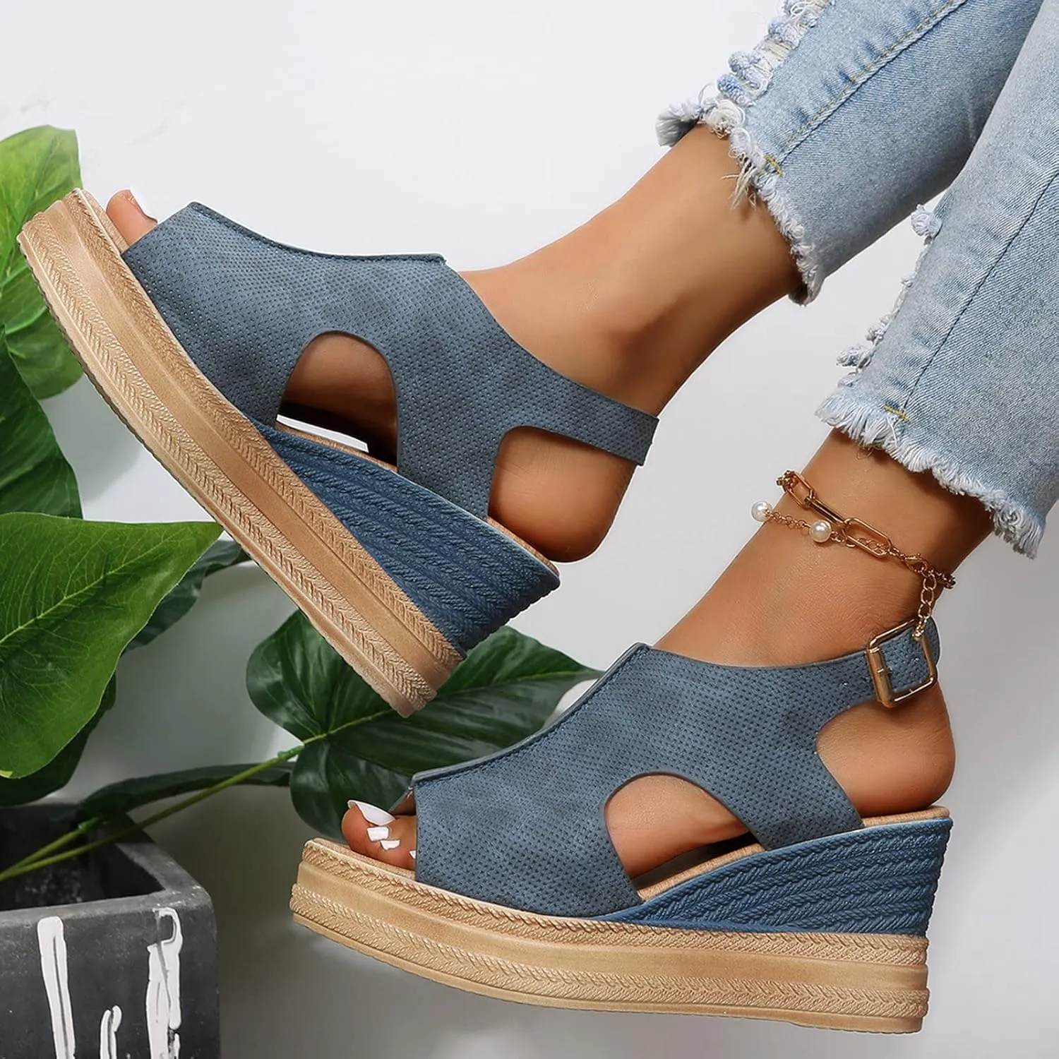 Wedge Sandals for Women Open Toe Buckle Strap Ankle Boots Vintage Hollow Out Platform Sandals Summer Casual Shoes
