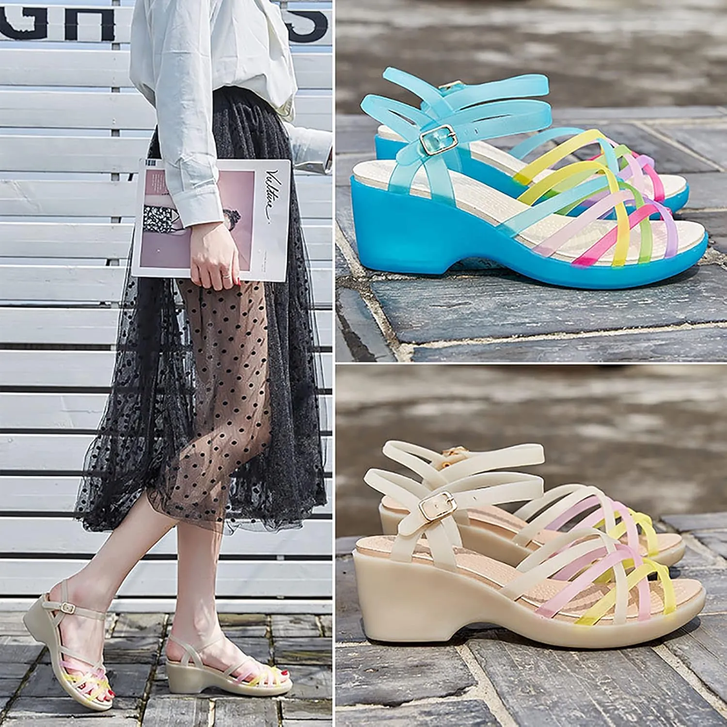 WENOREG Women's Colorful Neon Jelly Wedge Sandals,Summer Fashion Open Toe Waterproof Platform Crystal Clear Buckle Beach Retro Jellies Rain Boots Sandals